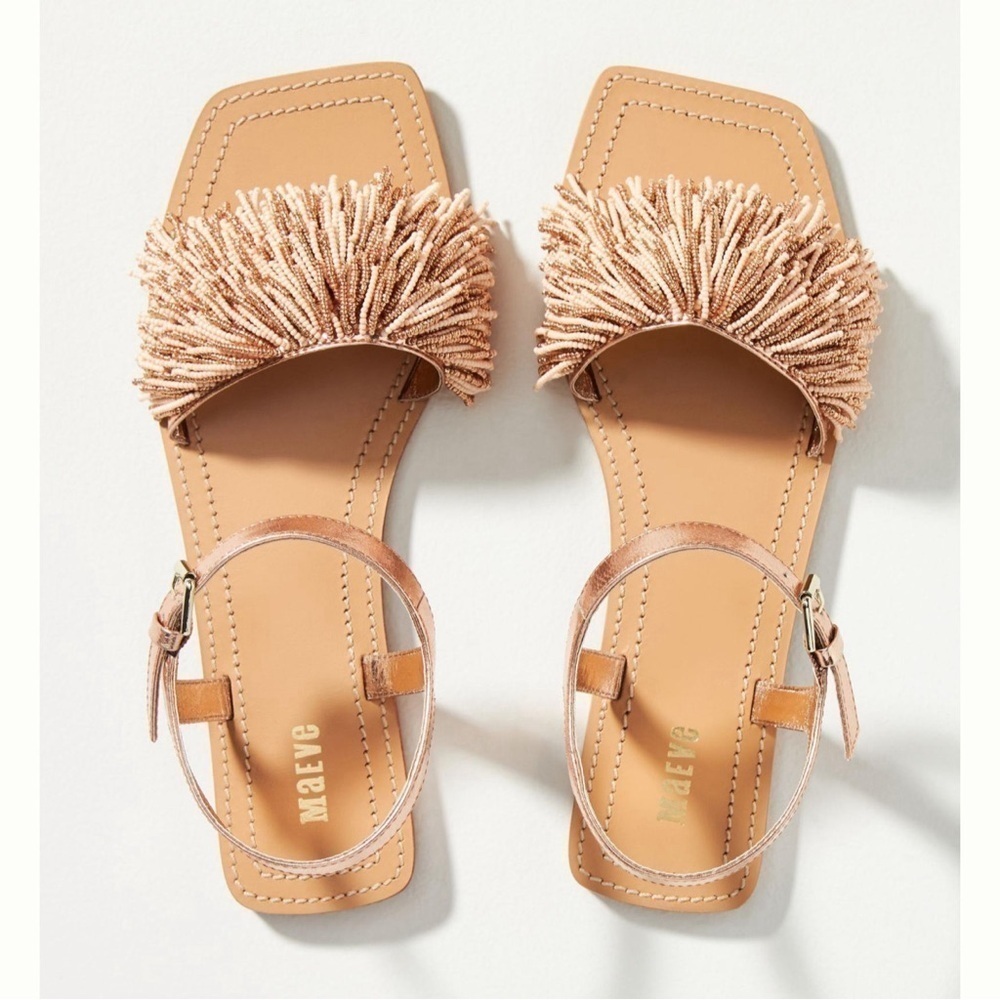 Anthropologie Maeve Flat Beaded Sandal Cream Size 7